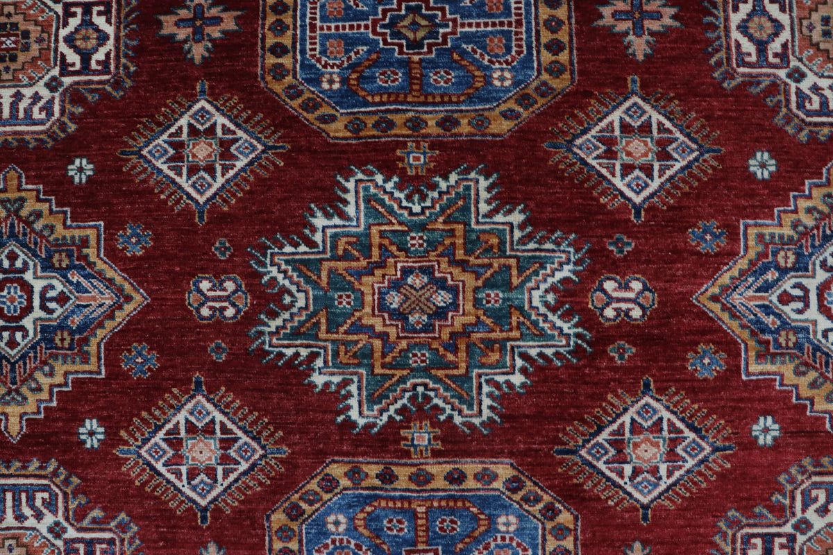 Detail view 5 of red Super Kazak handwoven wool rug, 8 x 10 ft
