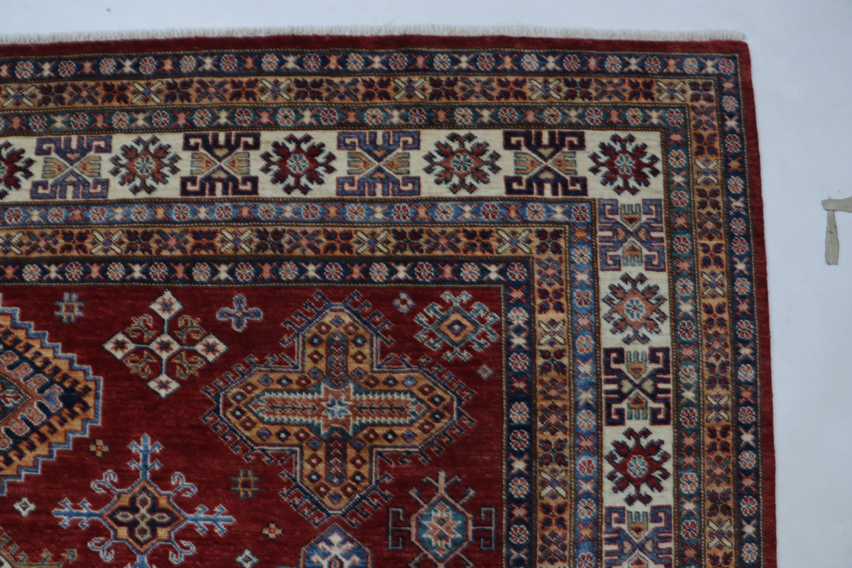 Detail view 6 of red Super Kazak handwoven wool rug, 8 x 10 ft