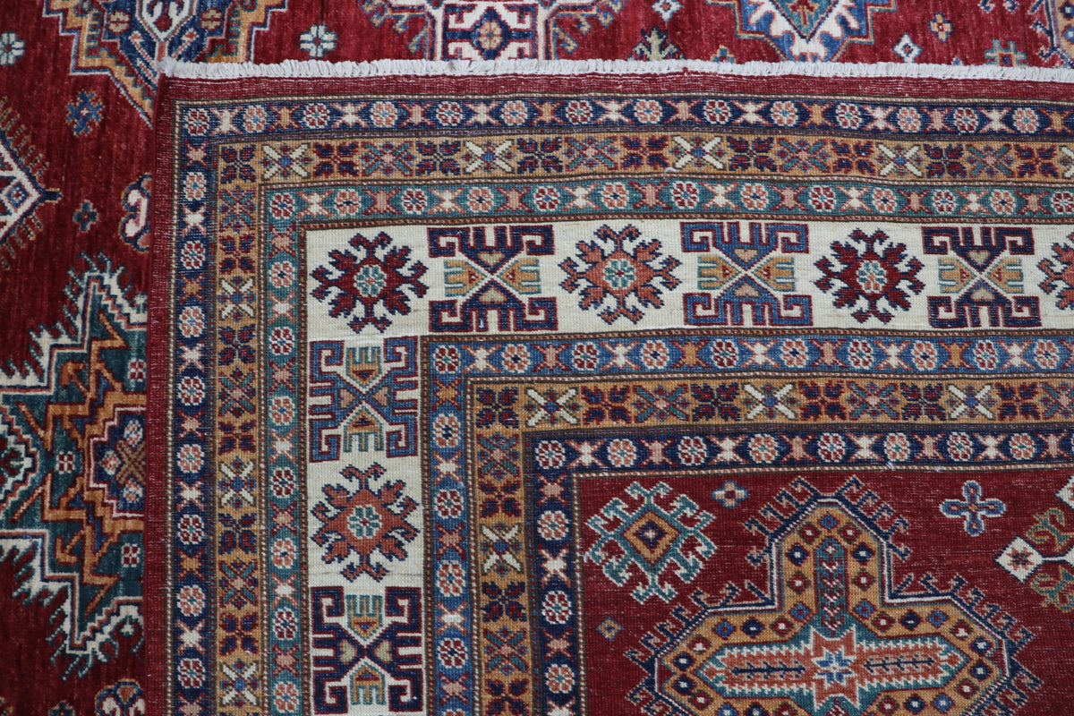 Detail view 7 of red Super Kazak handwoven wool rug, 8 x 10 ft