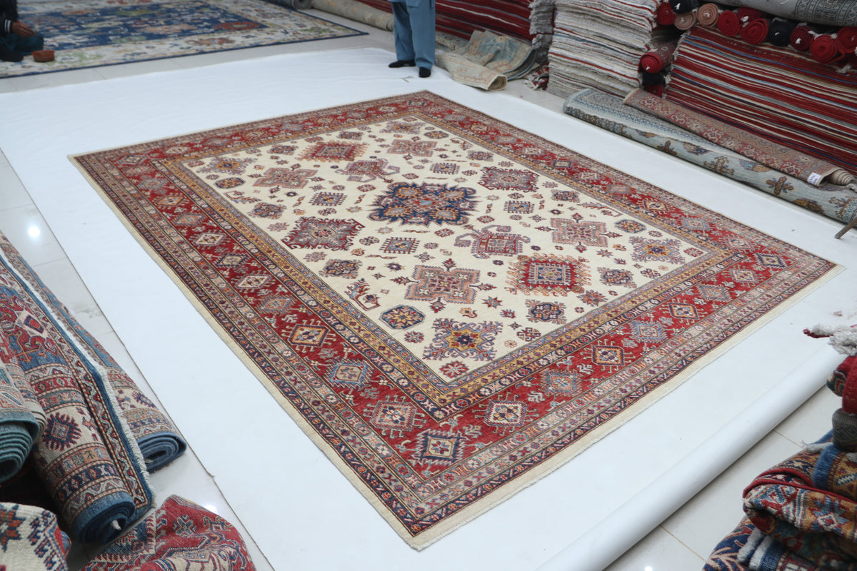 Detail view 2 of beige Super Kazak handwoven wool rug, 8 x 10 ft