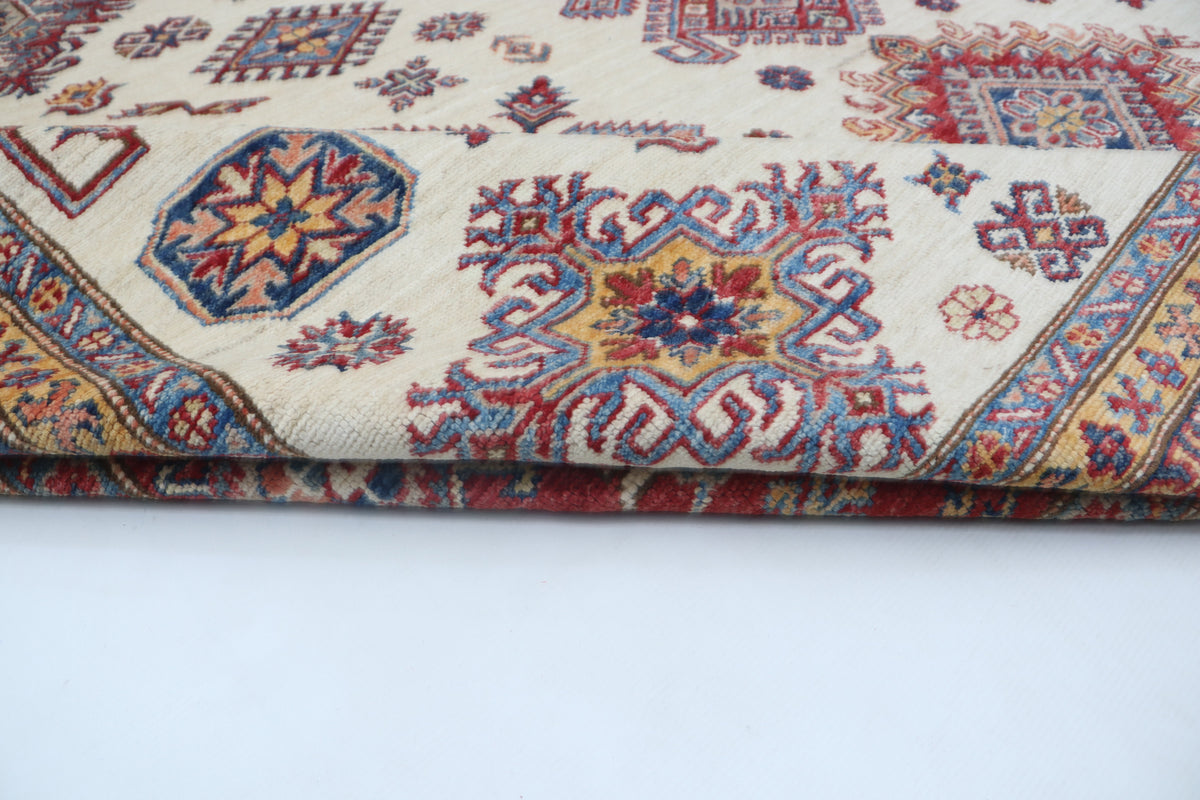 Detail view 7 of beige Super Kazak handwoven wool rug, 8 x 10 ft
