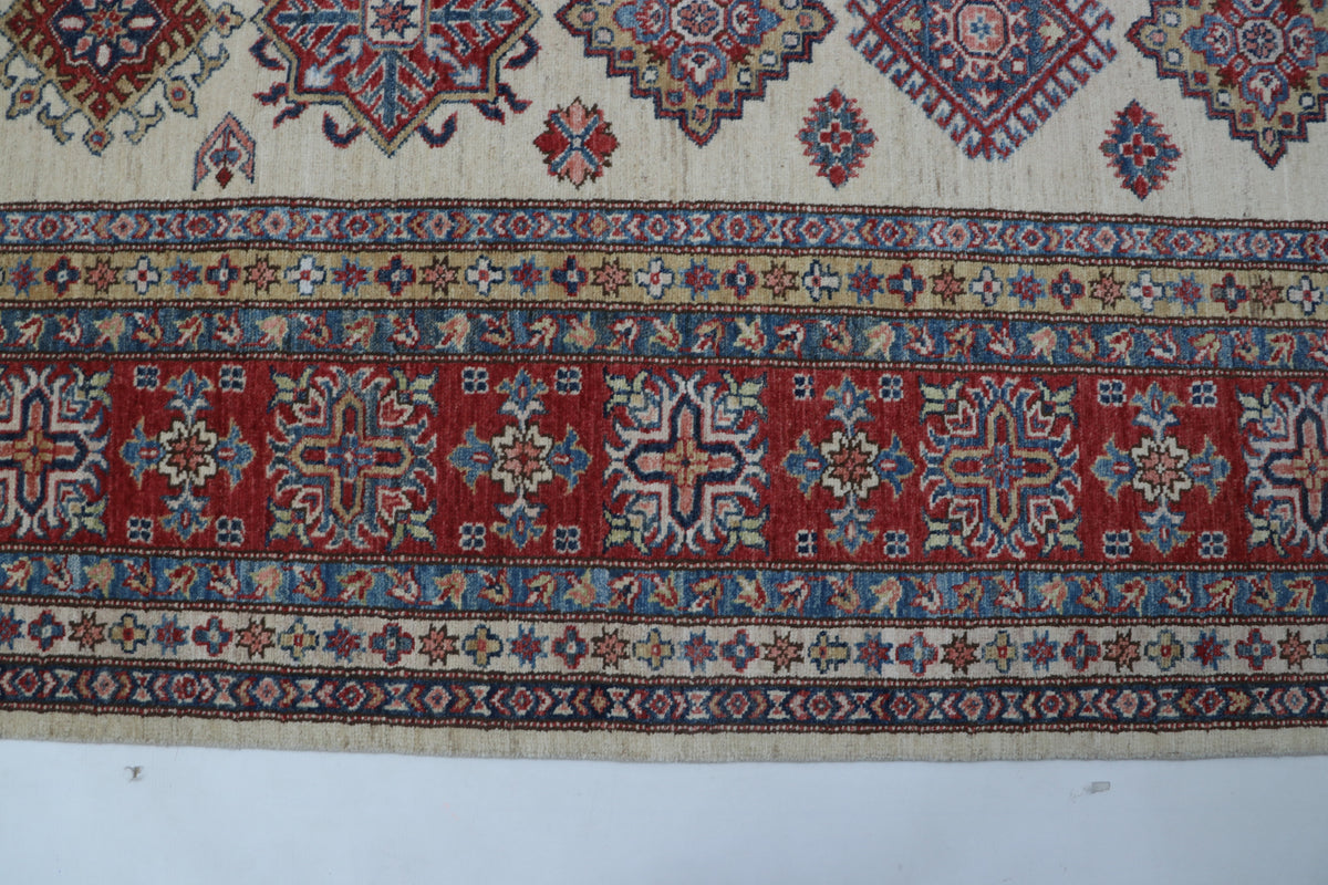 Detail view 3 of beige Super Kazak handwoven wool rug, 8 x 10 ft
