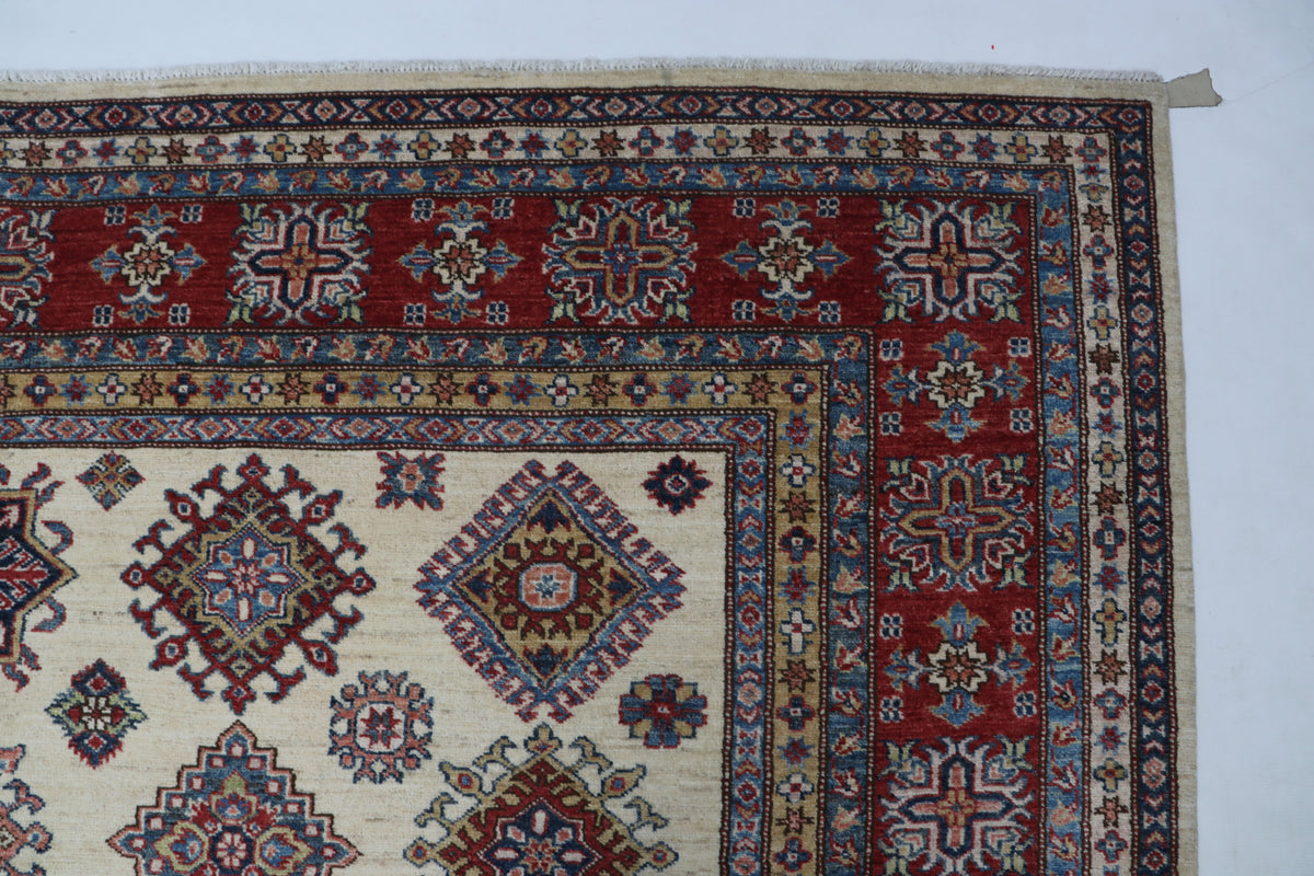 Detail view 5 of beige Super Kazak handwoven wool rug, 8 x 10 ft