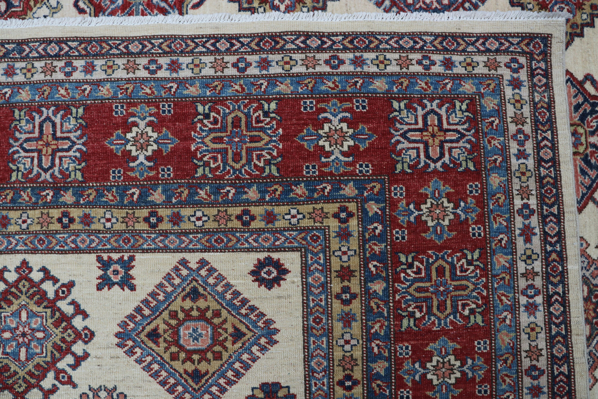 Detail view 6 of beige Super Kazak handwoven wool rug, 8 x 10 ft