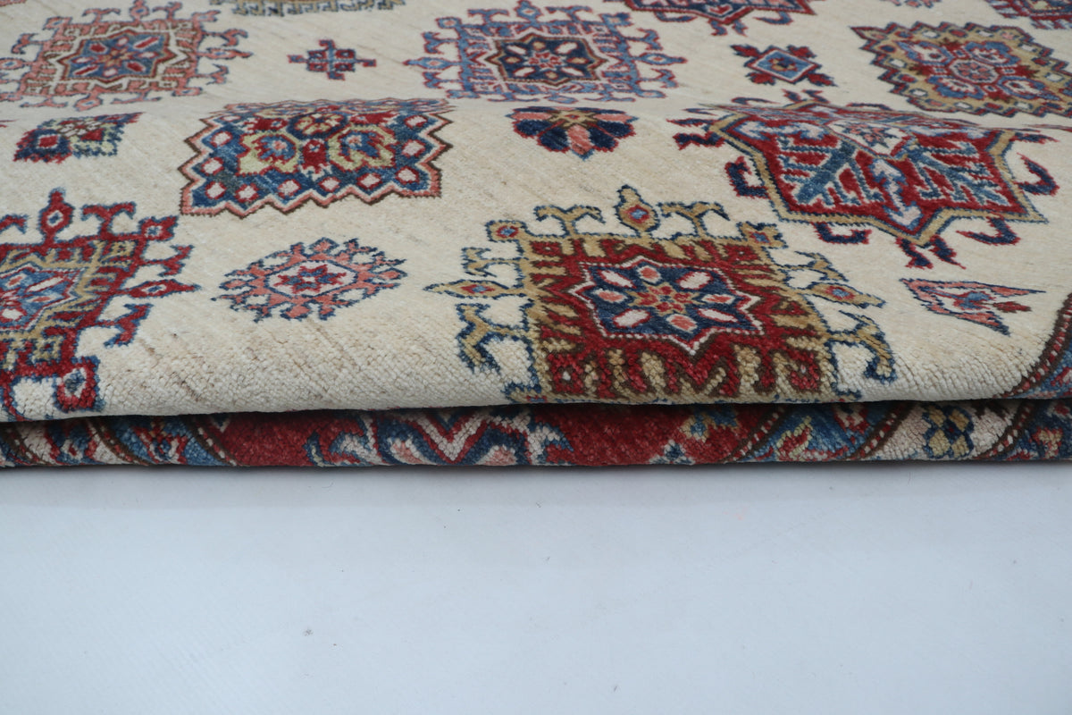 Detail view 7 of beige Super Kazak handwoven wool rug, 8 x 10 ft