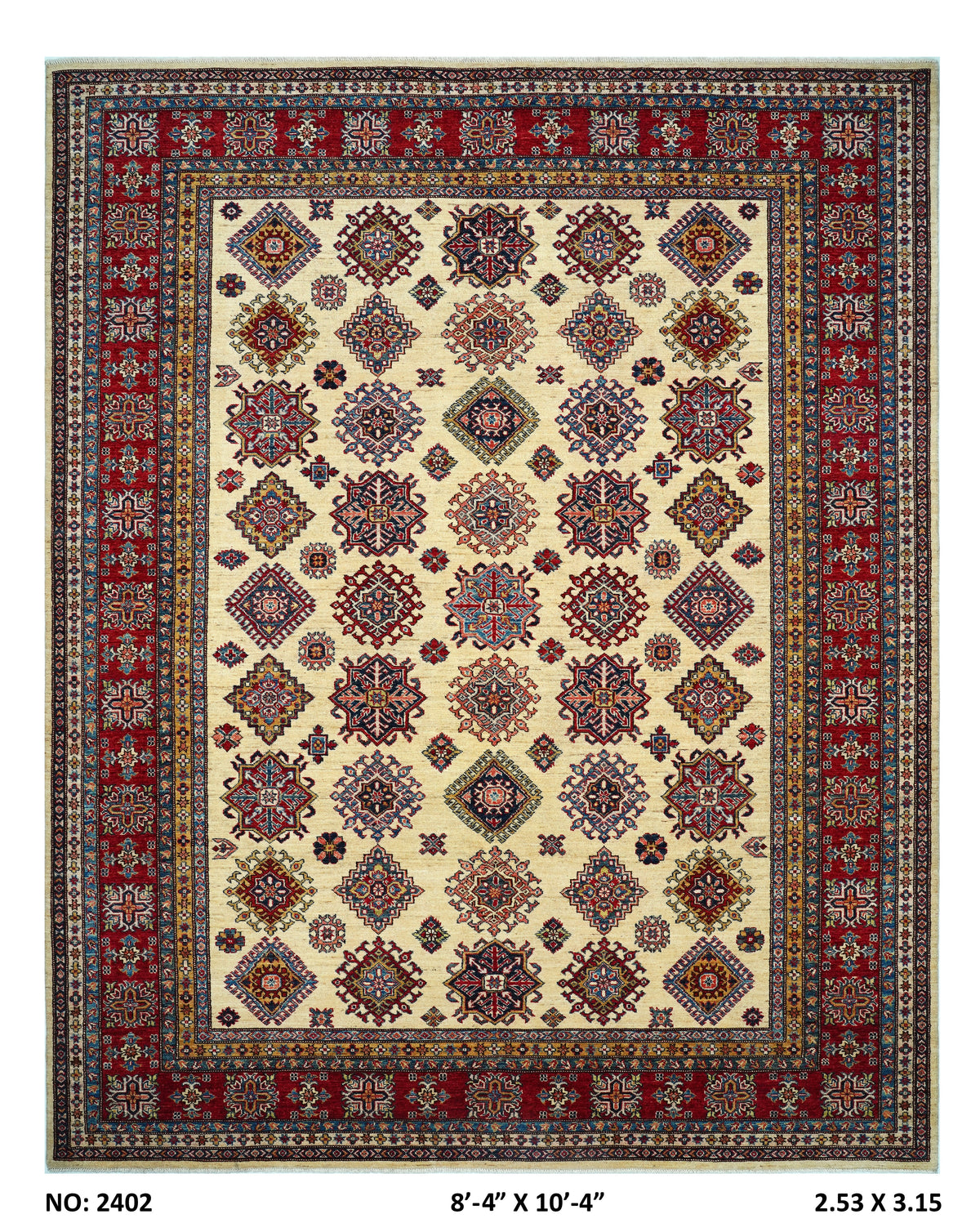 Detail view 9 of beige Super Kazak handwoven wool rug, 8 x 10 ft