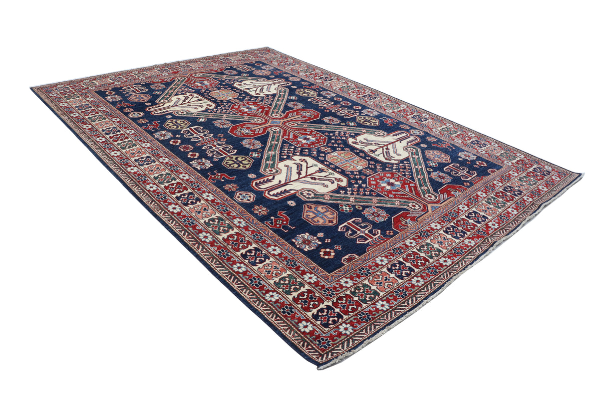 Detail view 2 of blue Super Kazak handwoven wool rug, 8 x 11 ft
