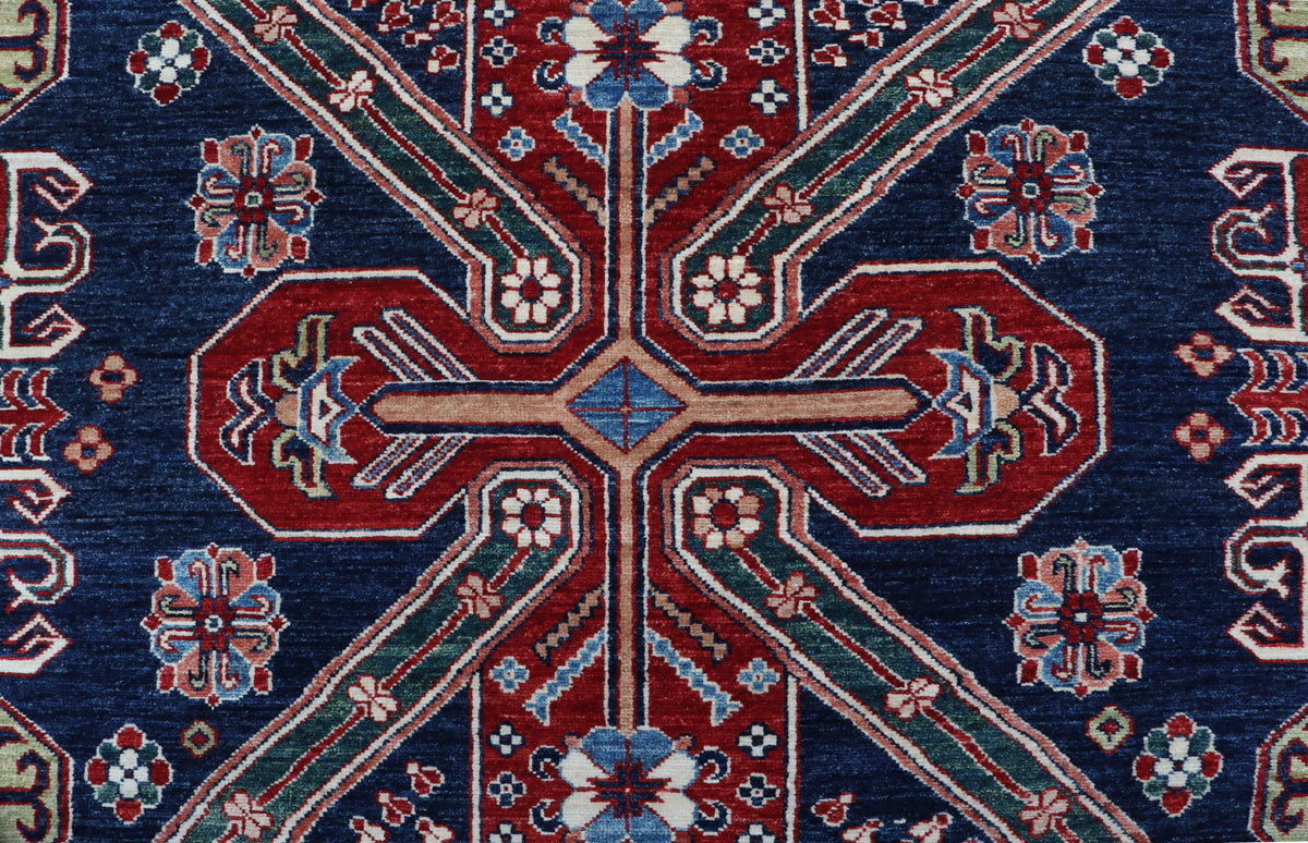 Detail view 3 of blue Super Kazak handwoven wool rug, 8 x 11 ft