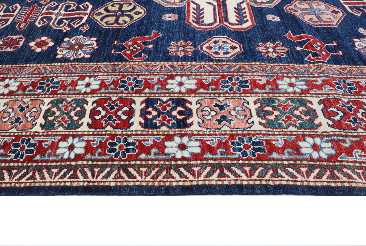 Detail view 4 of blue Super Kazak handwoven wool rug, 8 x 11 ft
