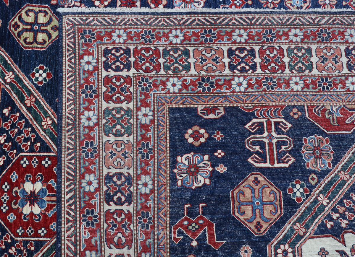 Detail view 5 of blue Super Kazak handwoven wool rug, 8 x 11 ft