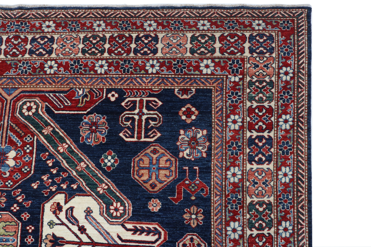 Detail view 8 of blue Super Kazak handwoven wool rug, 8 x 11 ft