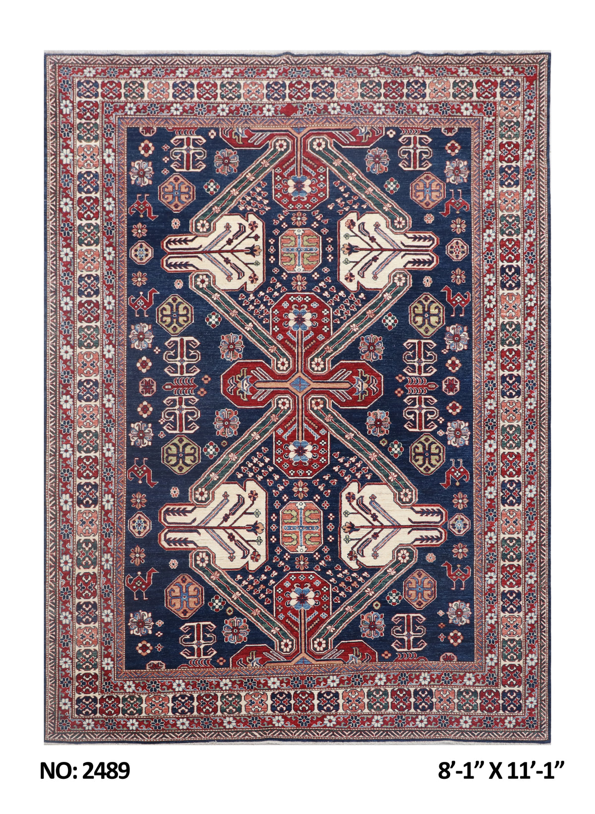 Detail view 9 of blue Super Kazak handwoven wool rug, 8 x 11 ft