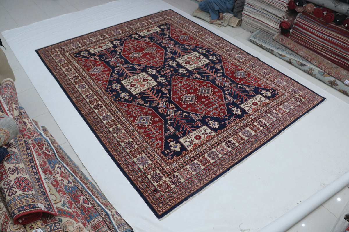 Detail view 2 of blue Super Kazak handwoven wool rug, 9 x 12 ft