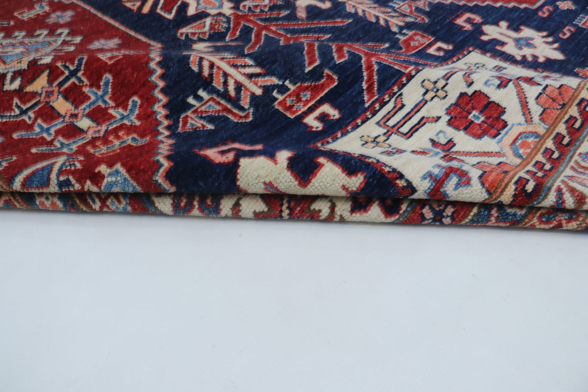Detail view 7 of blue Super Kazak handwoven wool rug, 9 x 12 ft