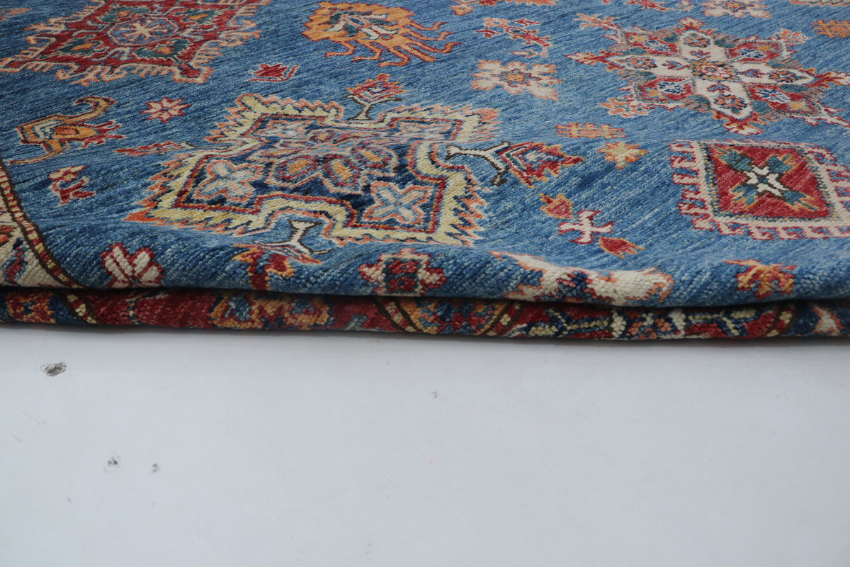 Detail view 7 of blue Super Kazak handwoven wool rug, 8 x 11 ft