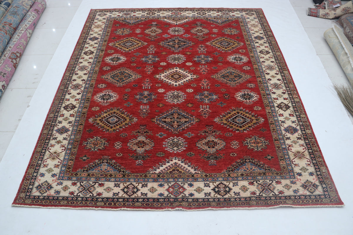 Detail view 2 of red Super Kazak handwoven wool rug, 8.5 x 9 ft