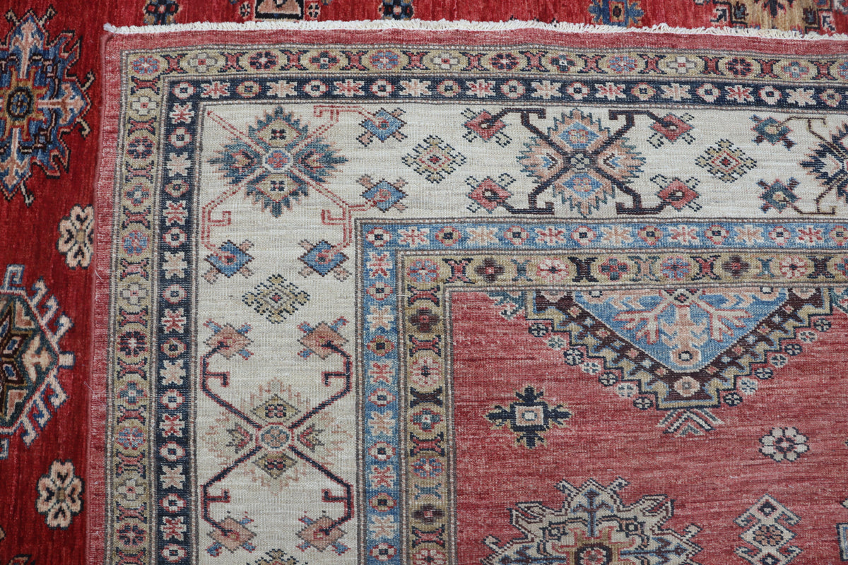 Detail view 7 of red Super Kazak handwoven wool rug, 8.5 x 9 ft