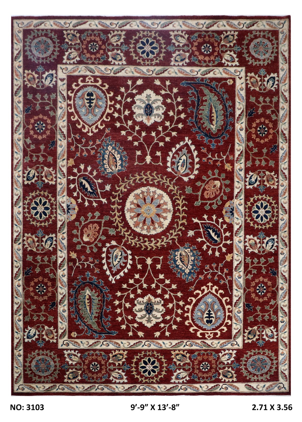 Full view of red Chobi 35/40 handwoven wool rug, 10 x 14 ft