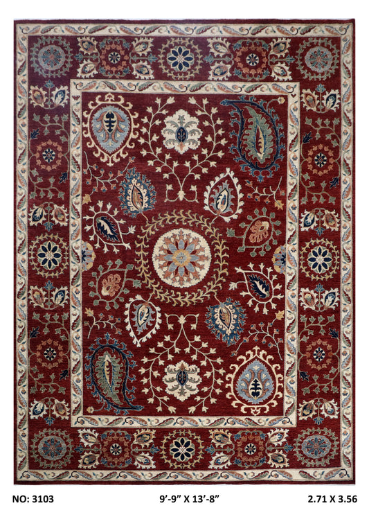 Full view of red Chobi 35/40 handwoven wool rug, 10 x 14 ft