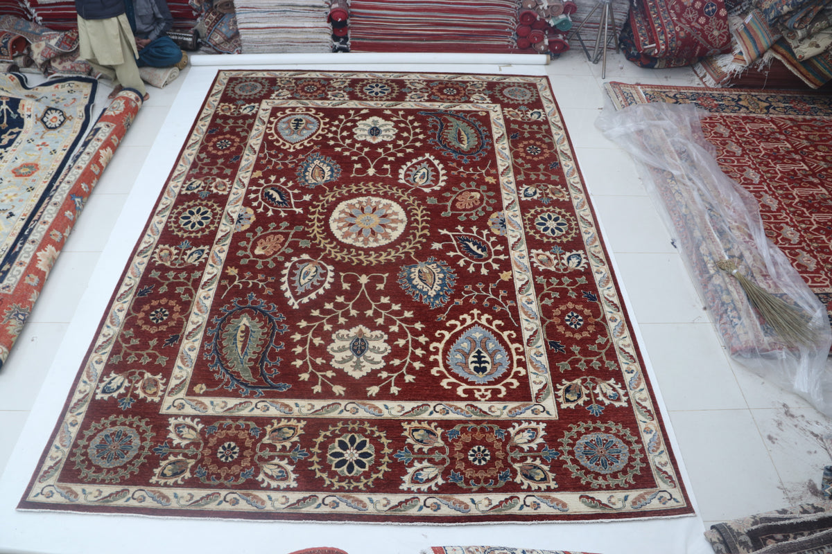Detail view 2 of red Chobi 35/40 handwoven wool rug, 10 x 14 ft