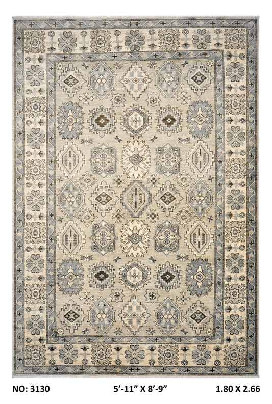 Full view of gray Chobi 35/40 handwoven wool rug, 6 x 9 ft
