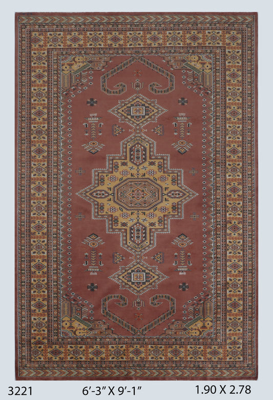 Full view of orange Kafkazi handwoven wool rug, 6 x 9 ft