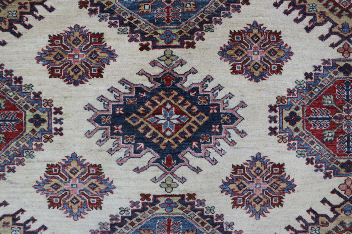 Detail view 4 of beige Super Kazak handwoven wool rug, 9 x 12 ft