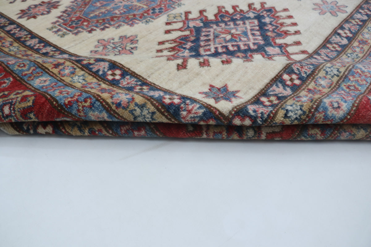 Detail view 7 of beige Super Kazak handwoven wool rug, 9 x 12 ft