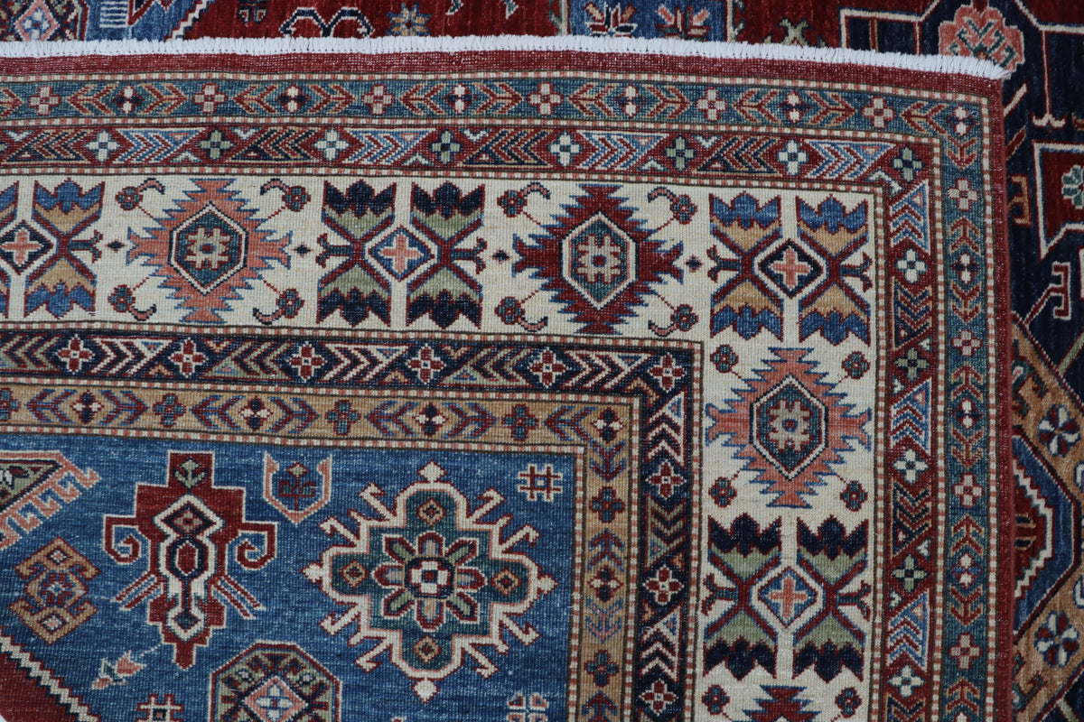 Detail view 6 of red Super Kazak handwoven wool rug, 8 x 11 ft