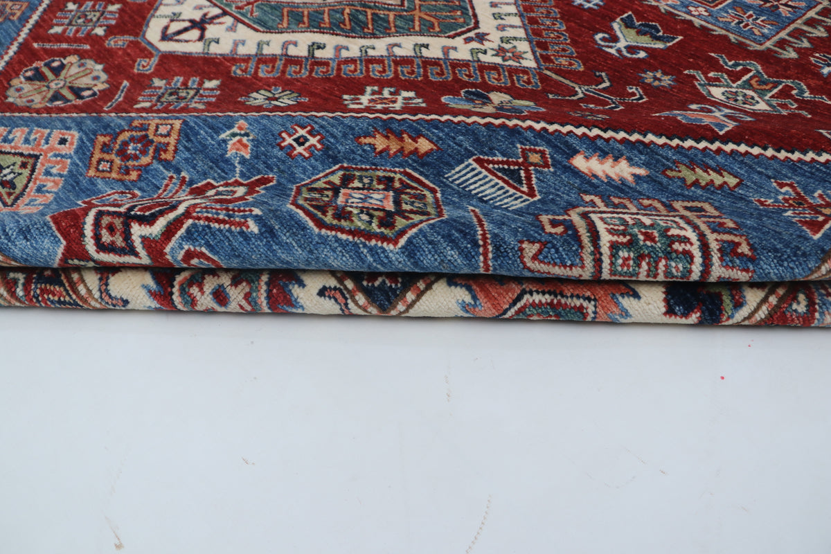 Detail view 7 of red Super Kazak handwoven wool rug, 8 x 11 ft