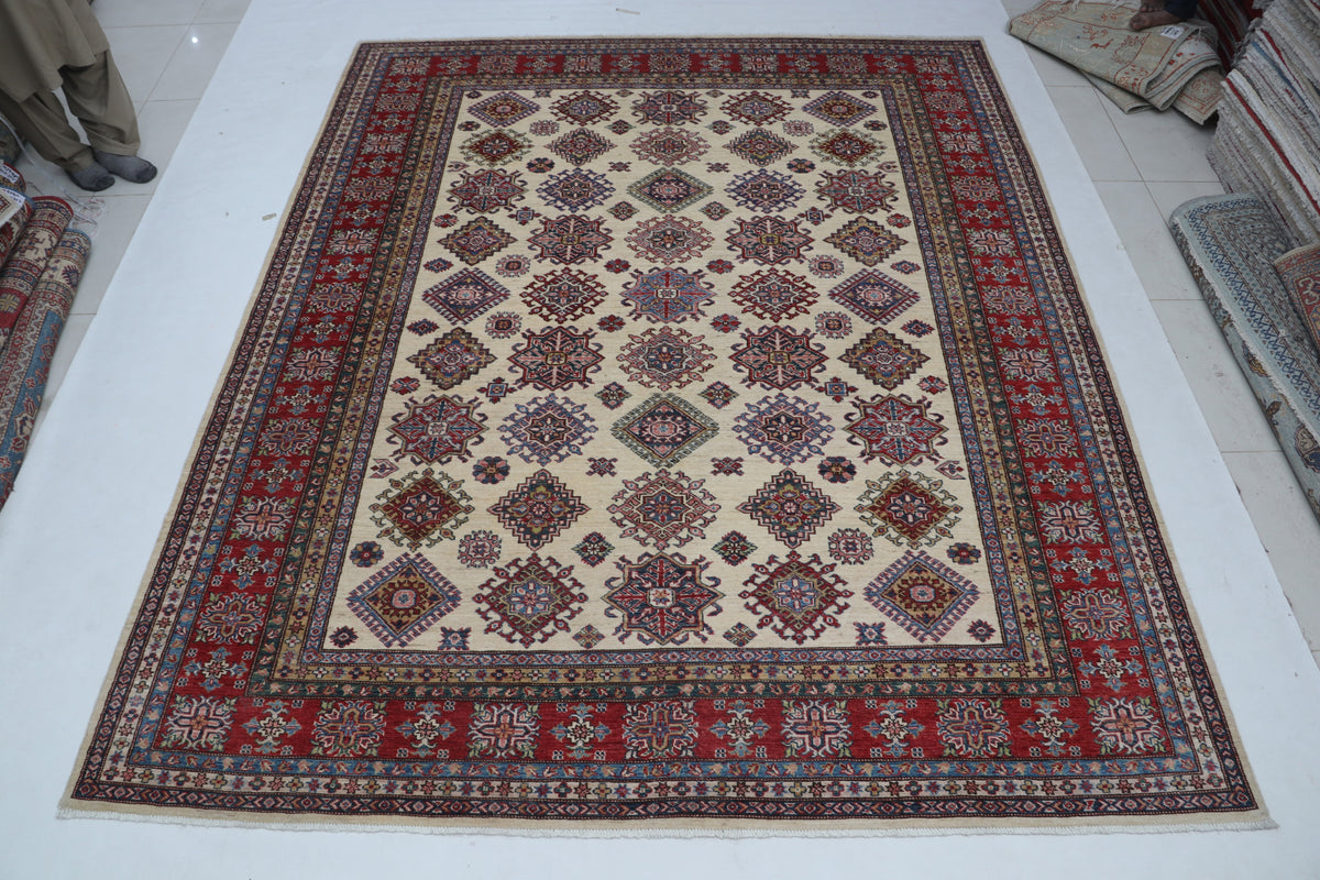 Detail view 2 of beige Super Kazak handwoven wool rug, 8 x 10 ft
