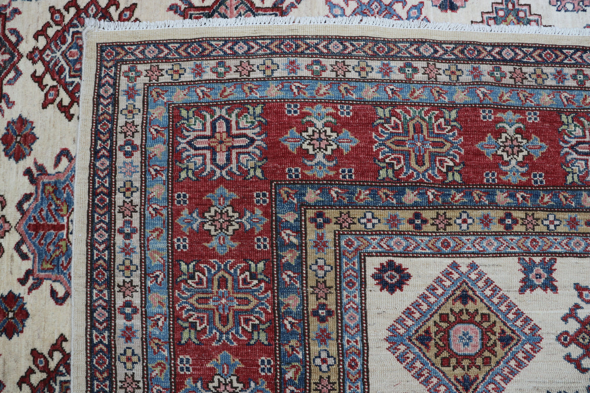 Detail view 7 of beige Super Kazak handwoven wool rug, 8 x 10 ft