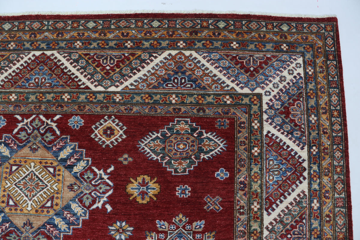 Detail view 5 of red Super Kazak handwoven wool rug, 8 x 10 ft