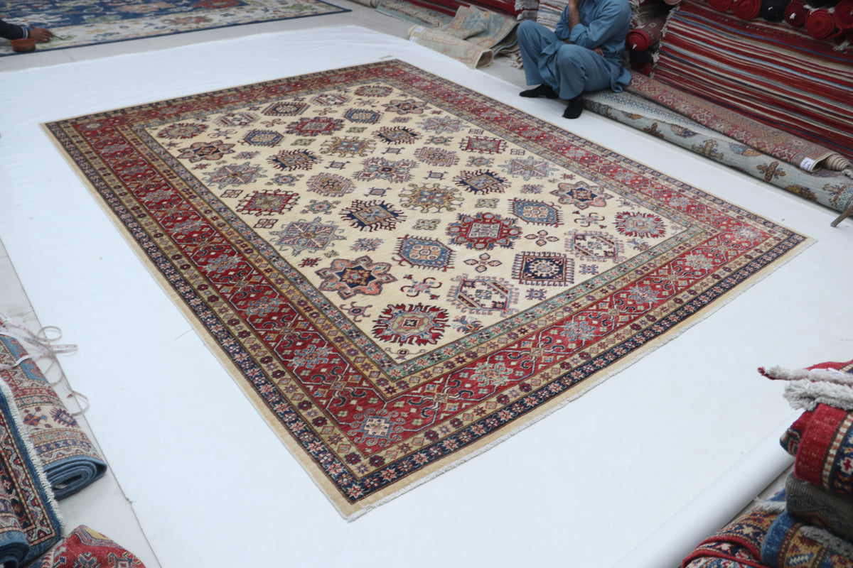 Detail view 2 of beige Super Kazak handwoven wool rug, 8 x 10 ft