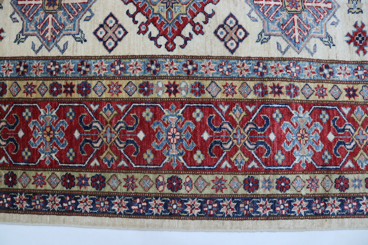Detail view 3 of beige Super Kazak handwoven wool rug, 8 x 10 ft