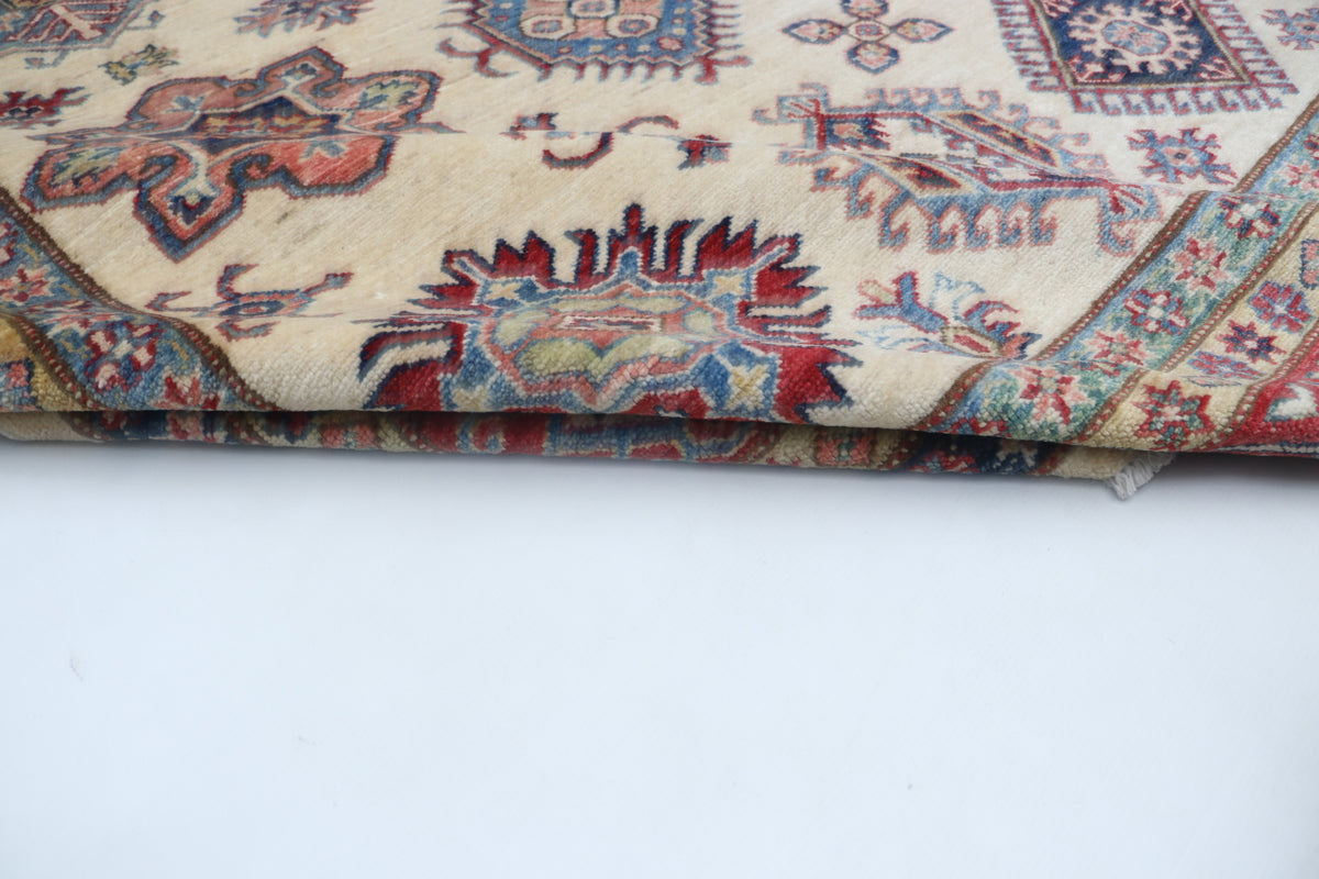 Detail view 7 of beige Super Kazak handwoven wool rug, 8 x 10 ft