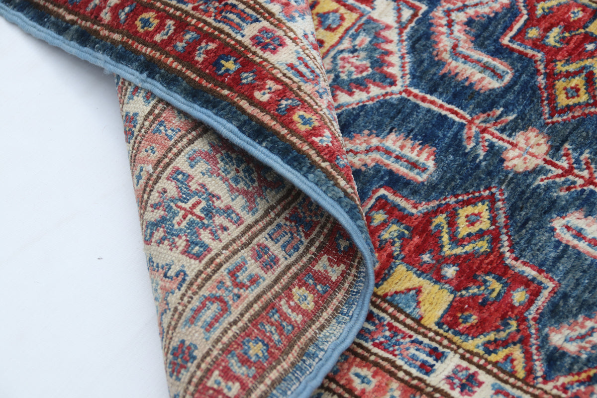 Detail view 11 of blue Super Kazak handwoven wool rug, 2.5 x 4 ft
