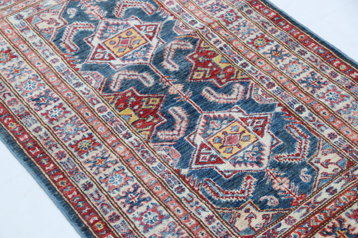 Detail view 3 of blue Super Kazak handwoven wool rug, 2.5 x 4 ft