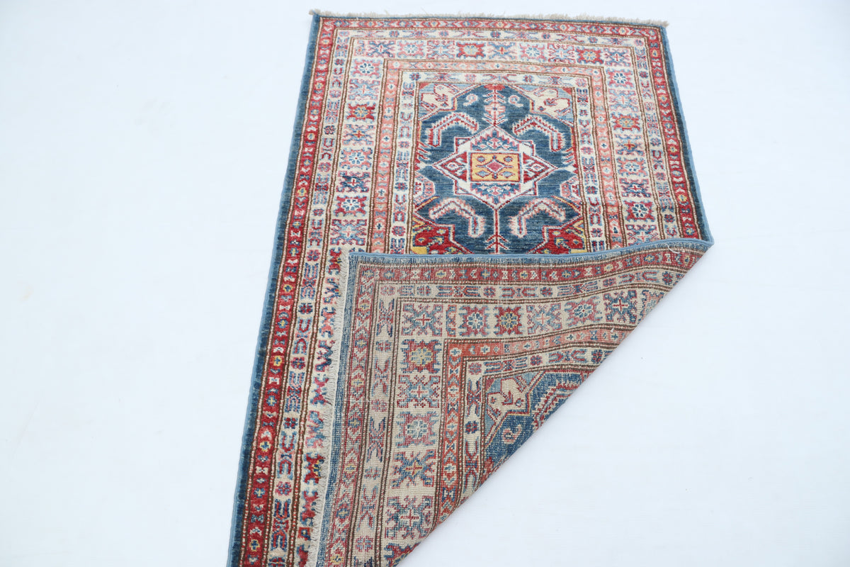 Detail view 7 of blue Super Kazak handwoven wool rug, 2.5 x 4 ft