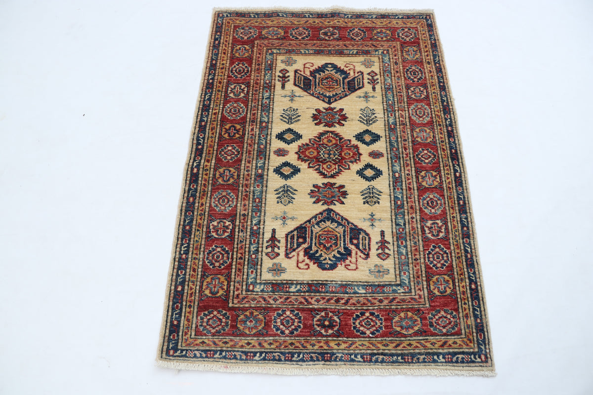 Detail 2 of beige floral Super Kazak cotton-and-wool rug, 2.5 x 4 ft