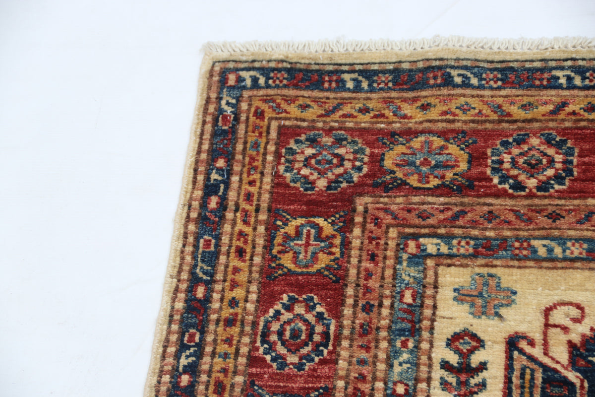Detail 7 of beige floral Super Kazak cotton-and-wool rug, 2.5 x 4 ft