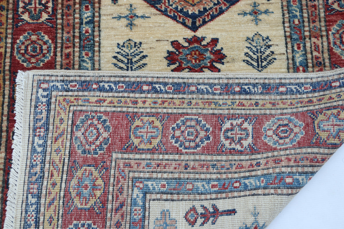 Detail 8 of beige floral Super Kazak cotton-and-wool rug, 2.5 x 4 ft