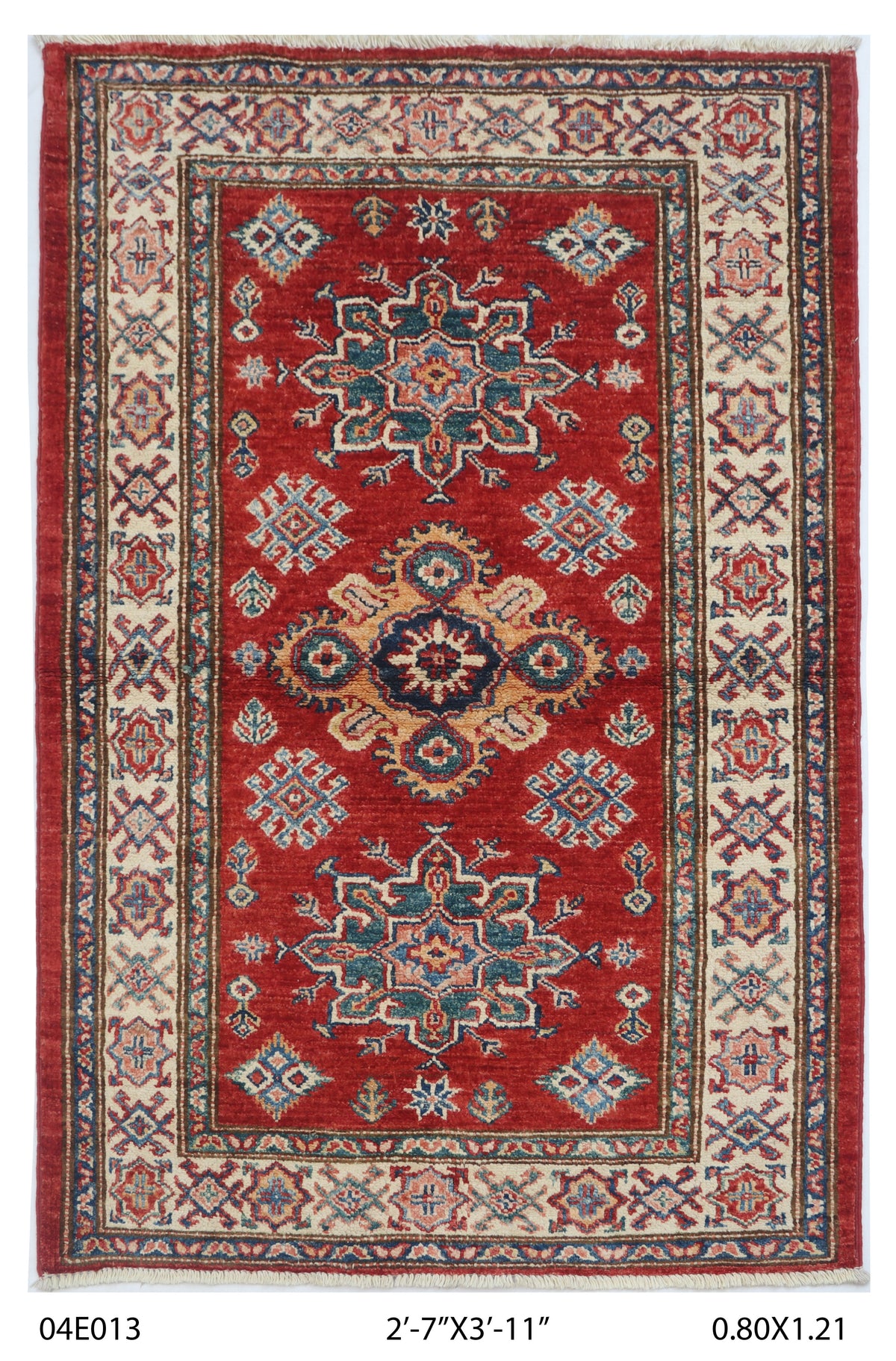 Full view of red Super Kazak handwoven wool rug, 2.5 x 4 ft