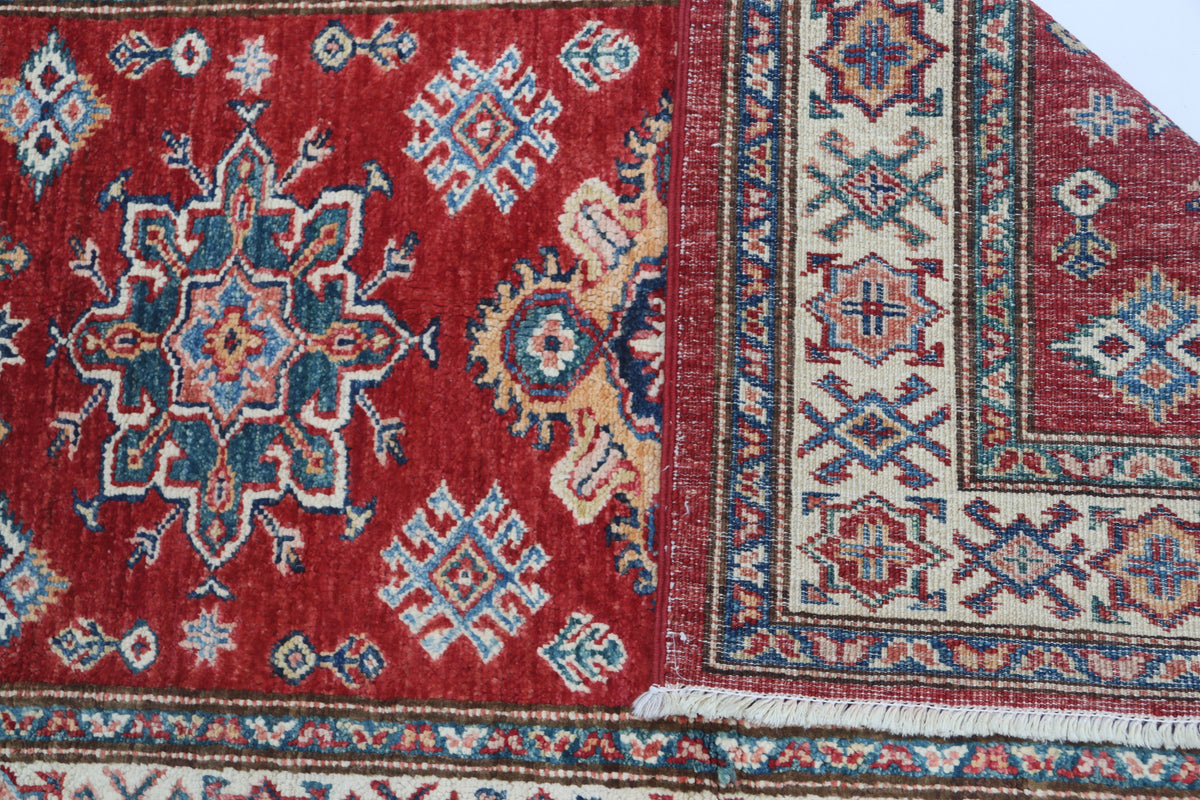Detail view 11 of red Super Kazak handwoven wool rug, 2.5 x 4 ft