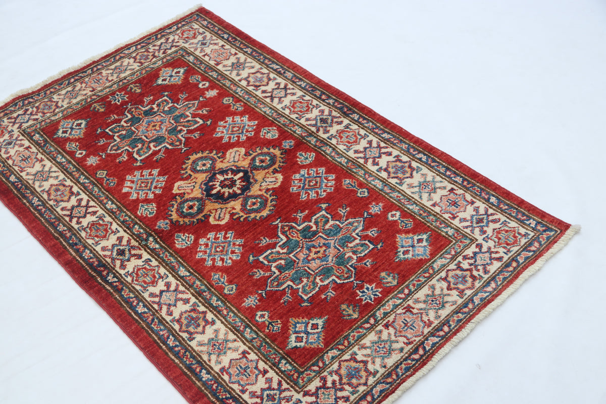 Detail view 3 of red Super Kazak handwoven wool rug, 2.5 x 4 ft