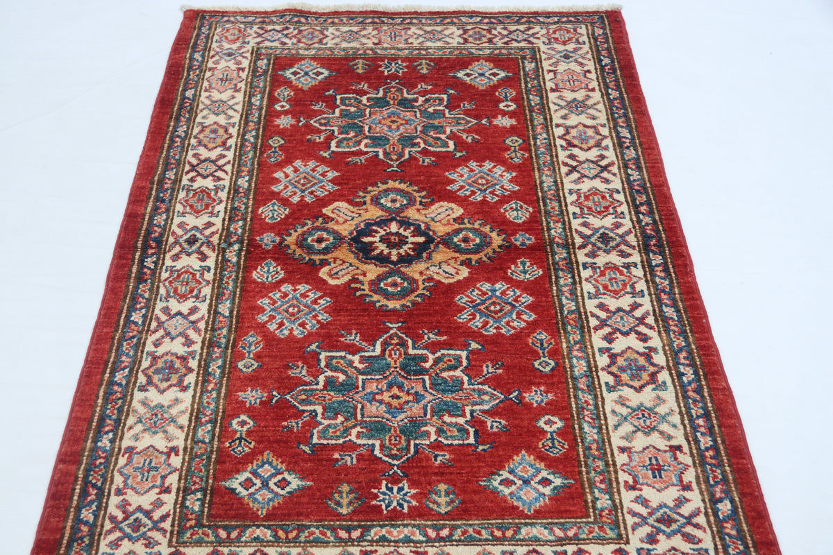 Detail view 4 of red Super Kazak handwoven wool rug, 2.5 x 4 ft