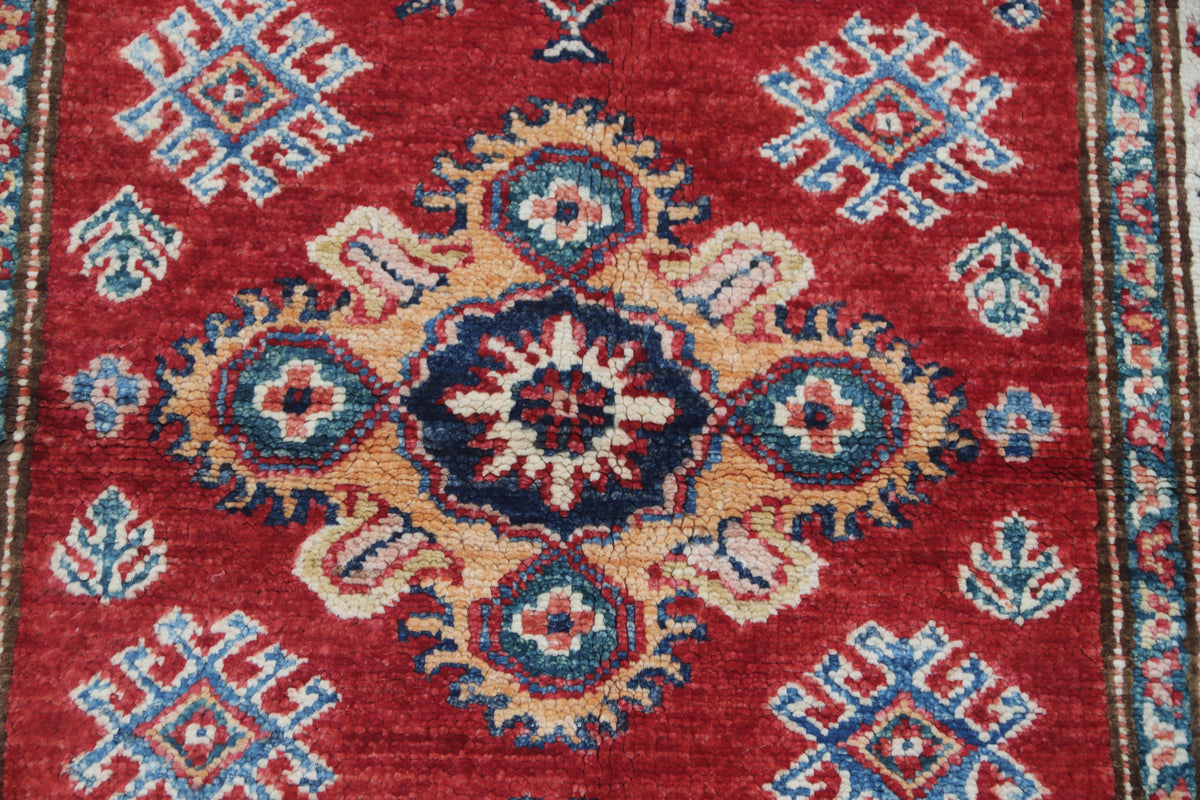 Detail view 5 of red Super Kazak handwoven wool rug, 2.5 x 4 ft
