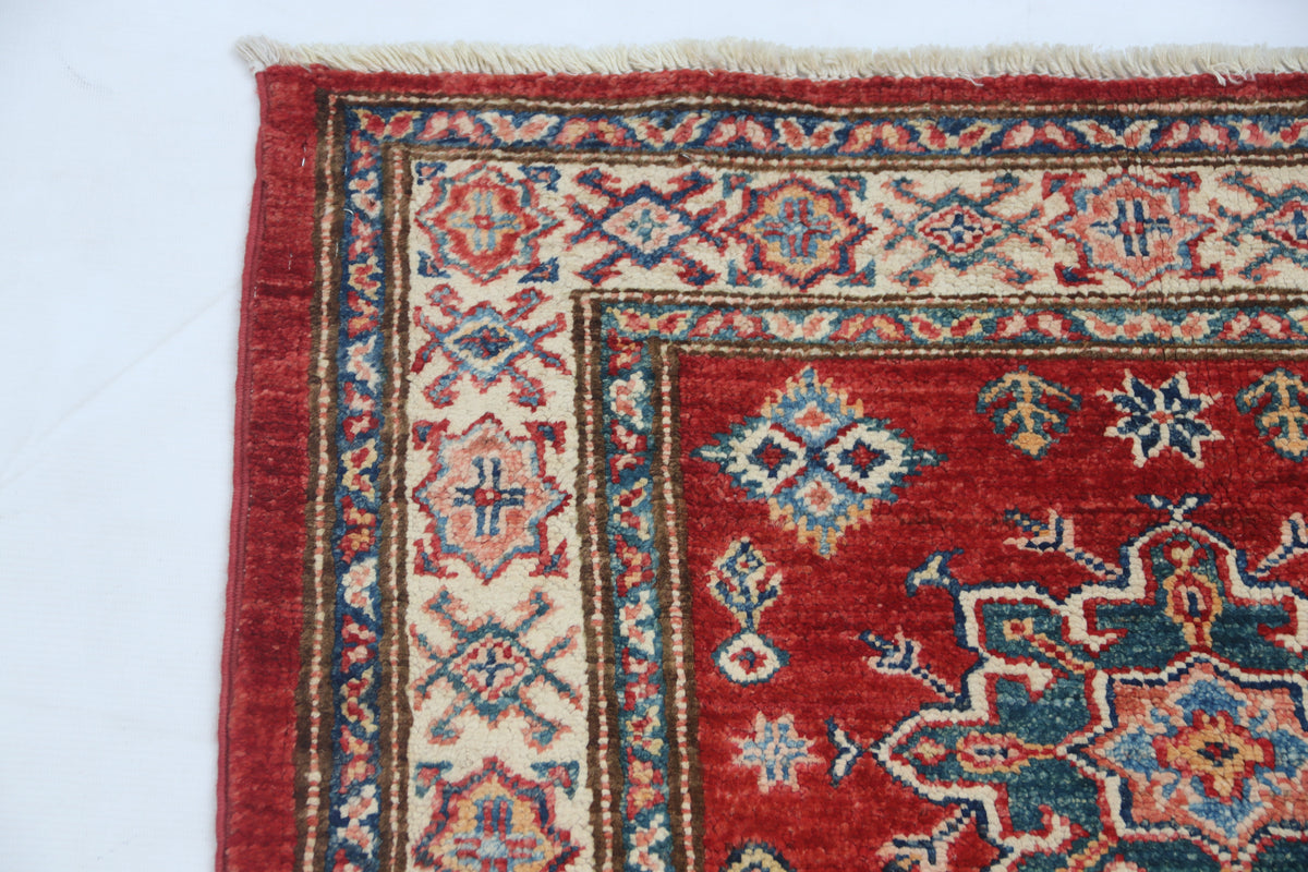 Detail view 6 of red Super Kazak handwoven wool rug, 2.5 x 4 ft
