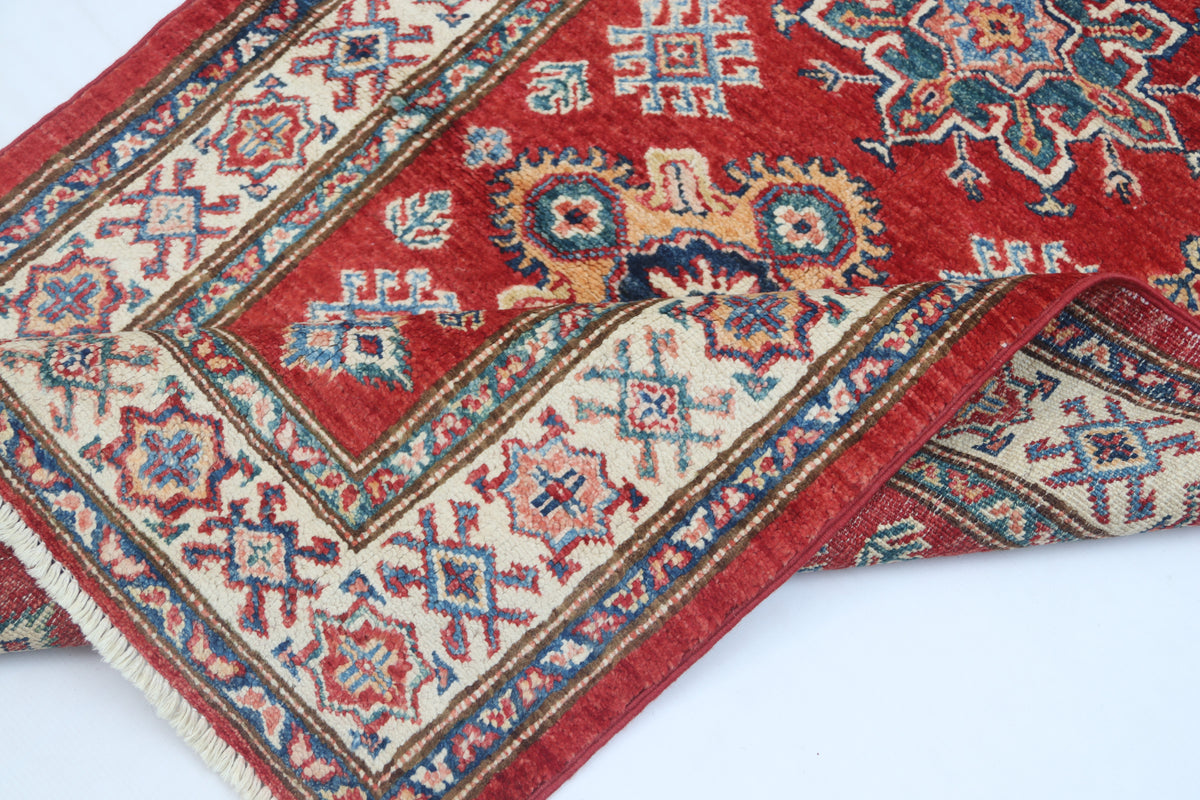 Detail view 7 of red Super Kazak handwoven wool rug, 2.5 x 4 ft