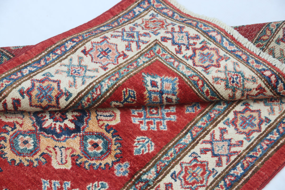 Detail view 9 of red Super Kazak handwoven wool rug, 2.5 x 4 ft